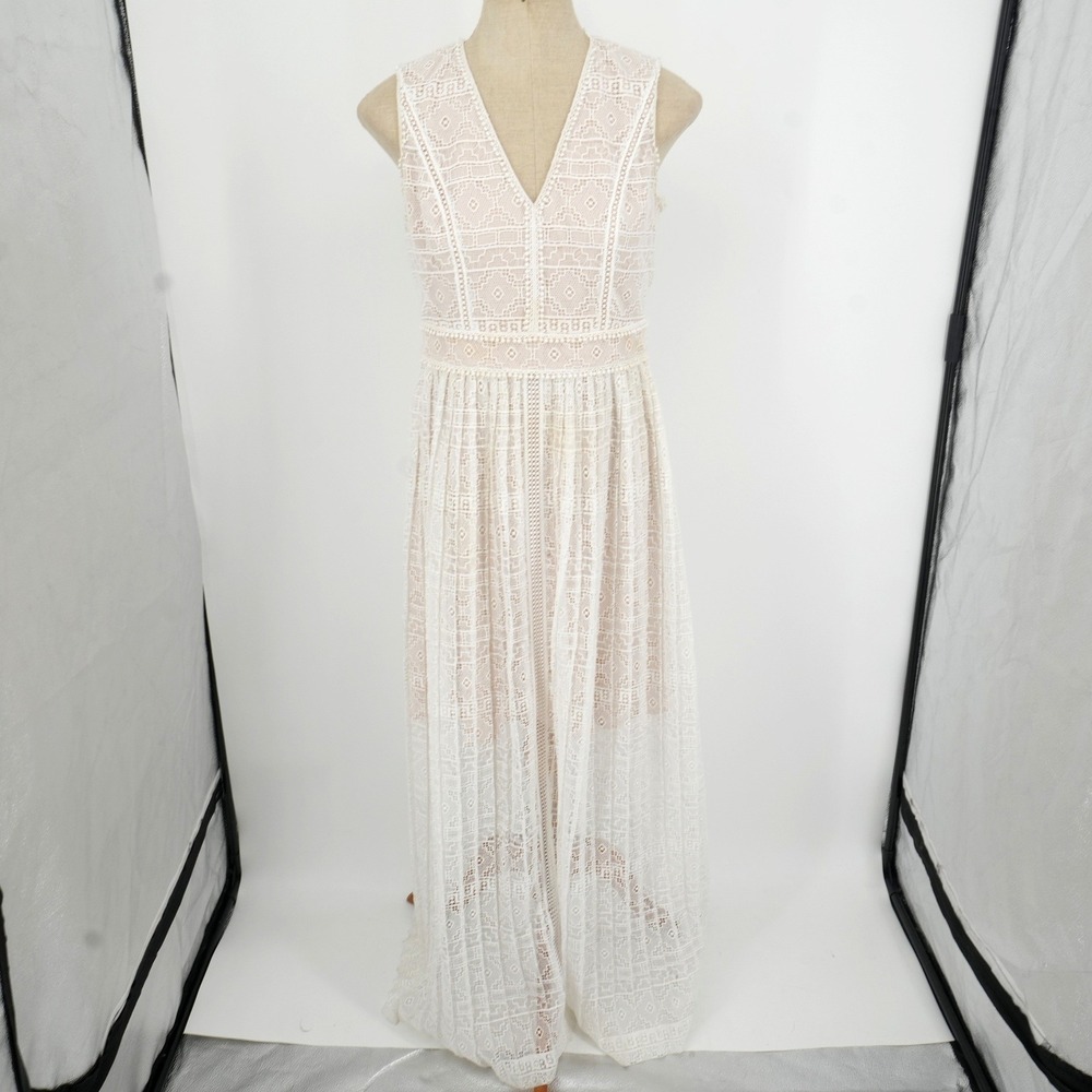 Elie Tahari Lace Maxi Dress Womens 0 White Nude V-Neck Sleeveless Boho Gown